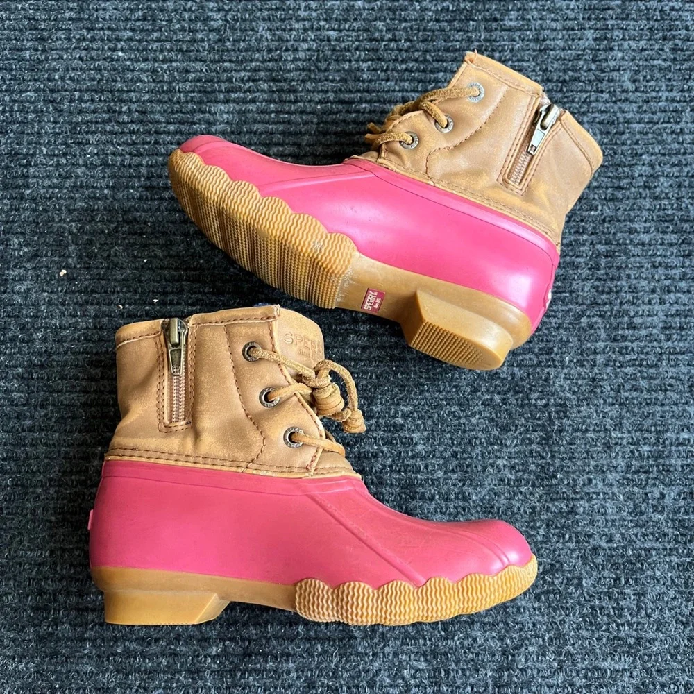 Sperry Saltwater Duck Boots Kids 11M Pink Tan Waterproof Side Zip rain snow shoe